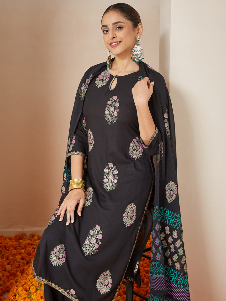Black Rayon Straight Floral Printed 3-Piece Kurta Set