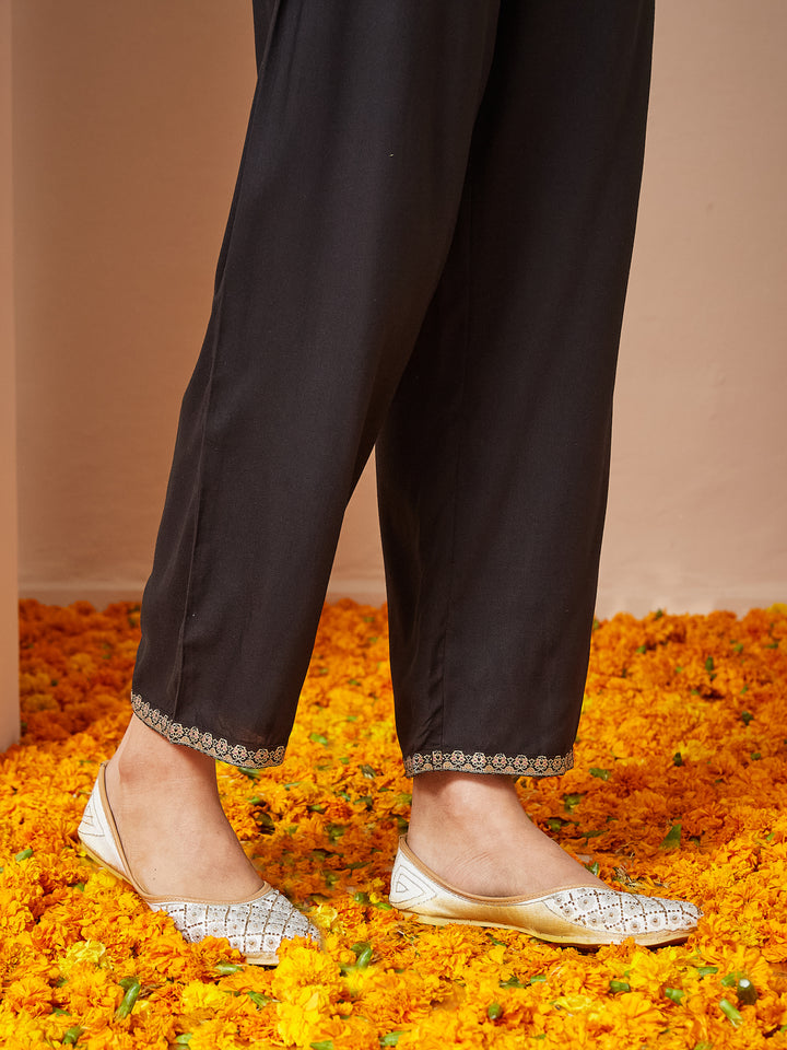 Black Rayon Straight Floral Printed 3-Piece Kurta Set