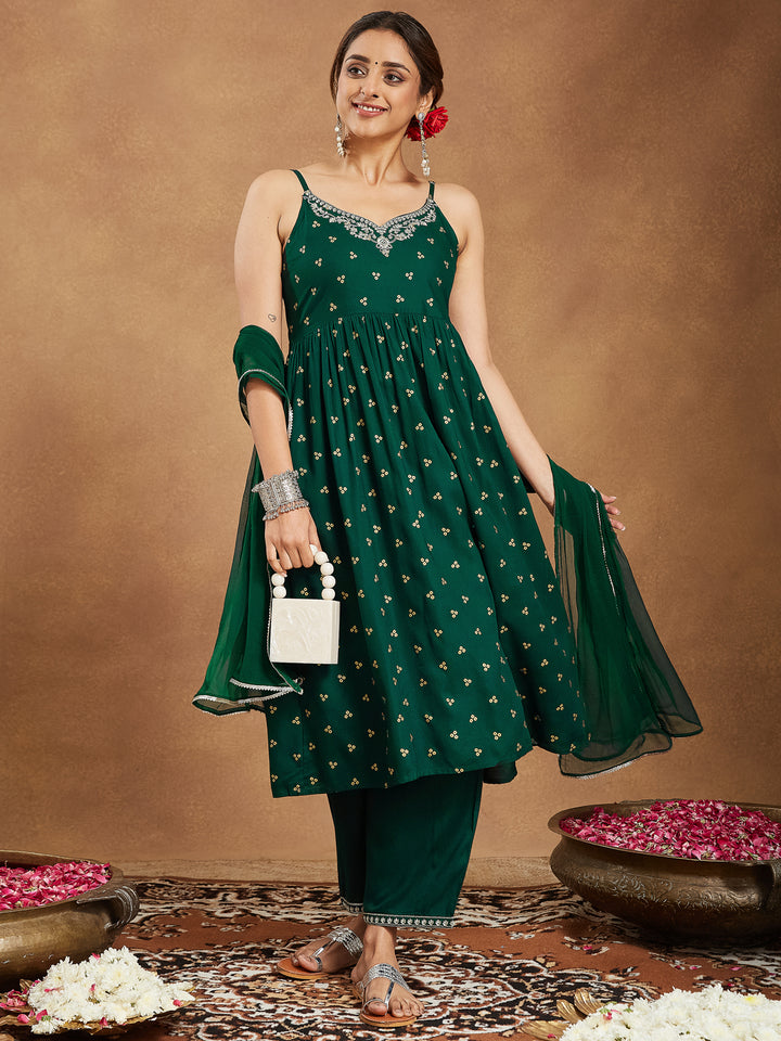 Bottle Green Rayon A-Line Foil Print 3-Piece Kurta Set