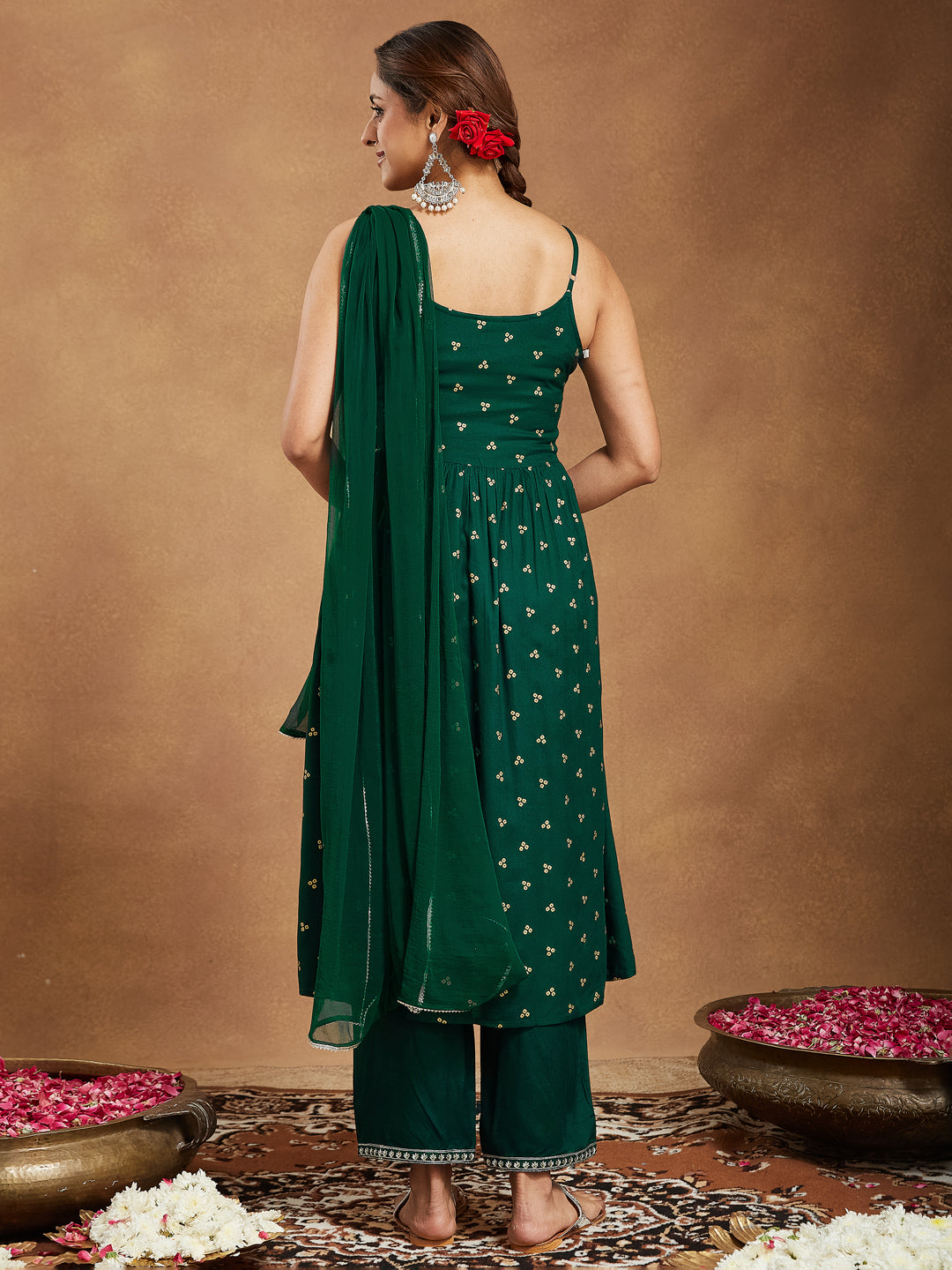 Bottle Green Rayon A-Line Foil Print 3-Piece Kurta Set