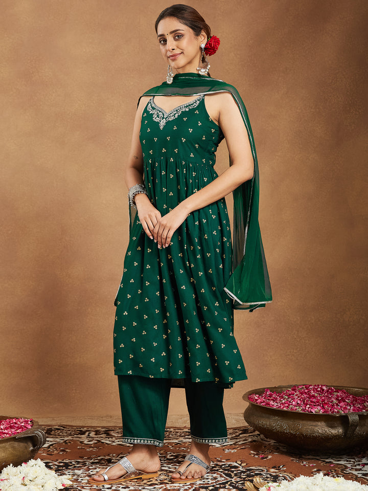Bottle Green Rayon A-Line Foil Print 3-Piece Kurta Set