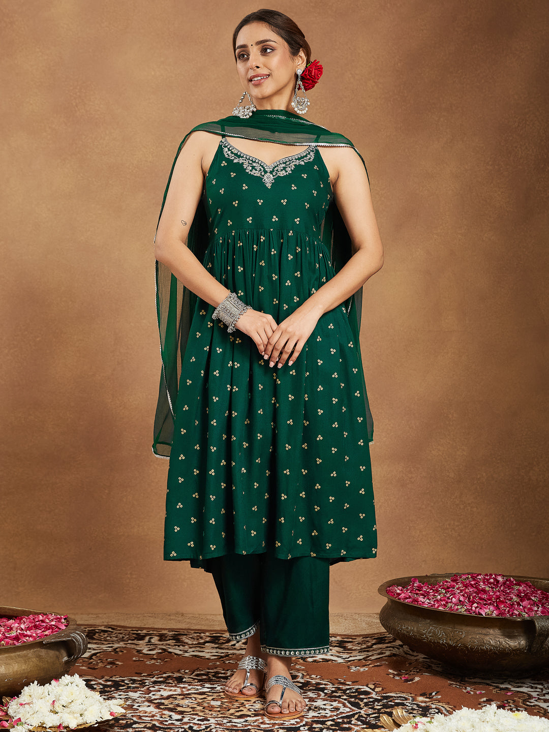 Bottle Green Rayon A-Line Foil Print 3-Piece Kurta Set