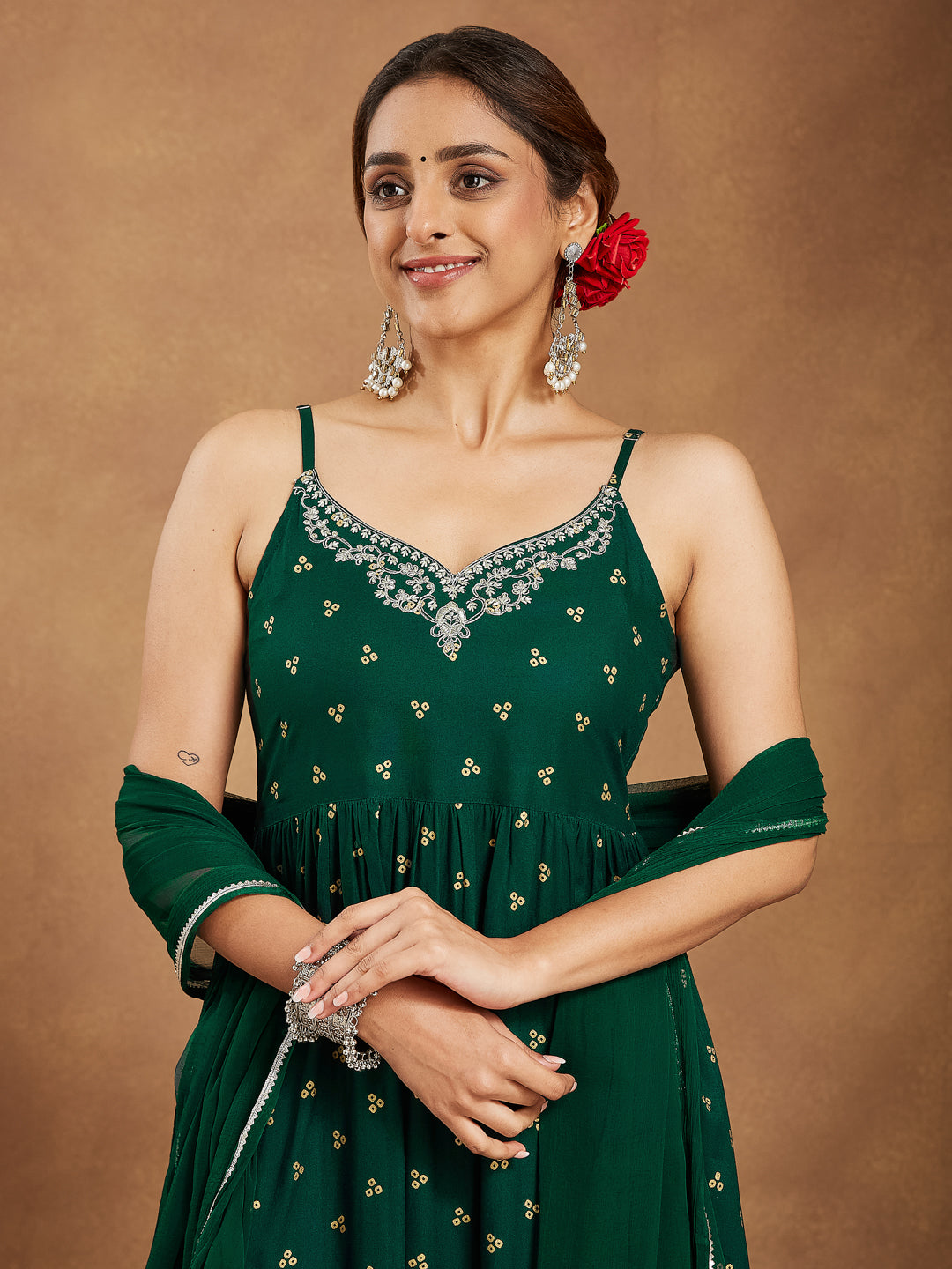 Bottle Green Rayon A-Line Foil Print 3-Piece Kurta Set