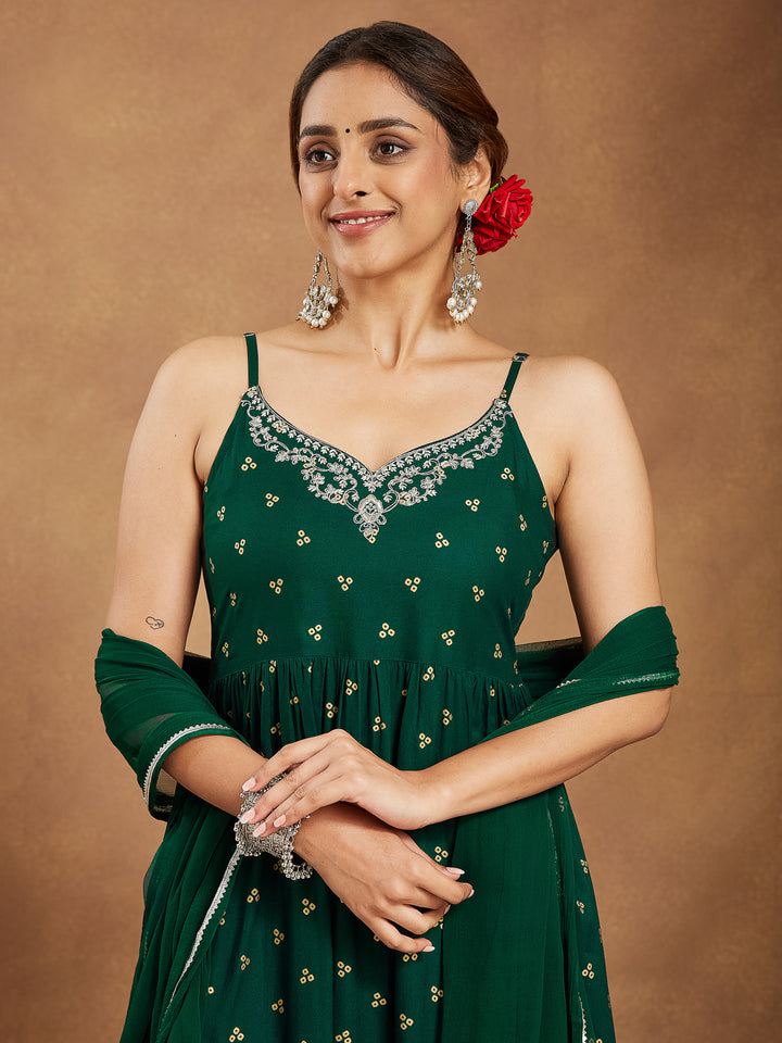 Bottle Green Rayon A-Line Foil Print 3-Piece Kurta Set