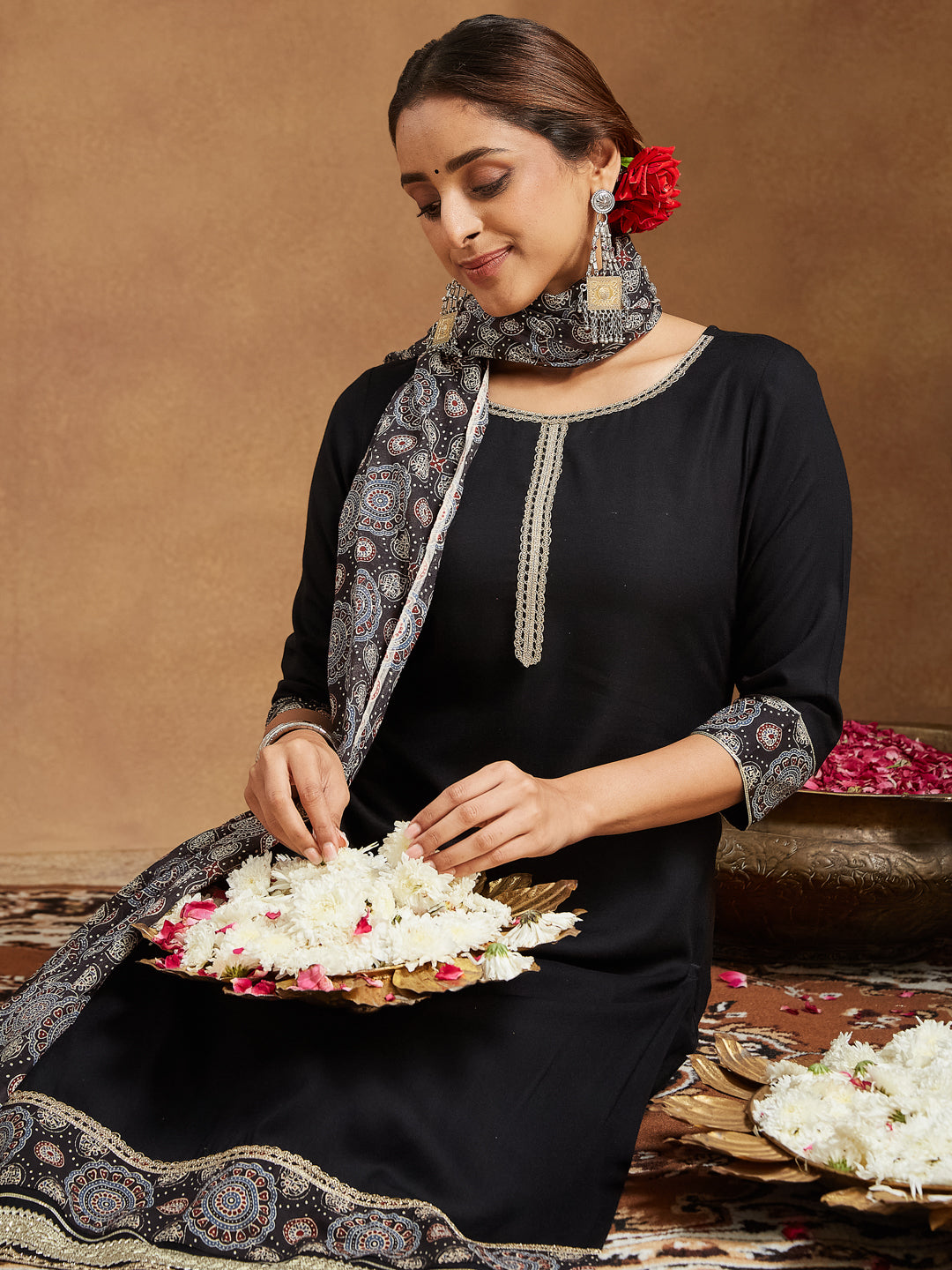 Black-Rayon-Straight-Ajrakh-3-Piece-Kurta-Set