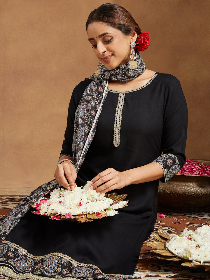 Black-Rayon-Straight-Ajrakh-3-Piece-Kurta-Set