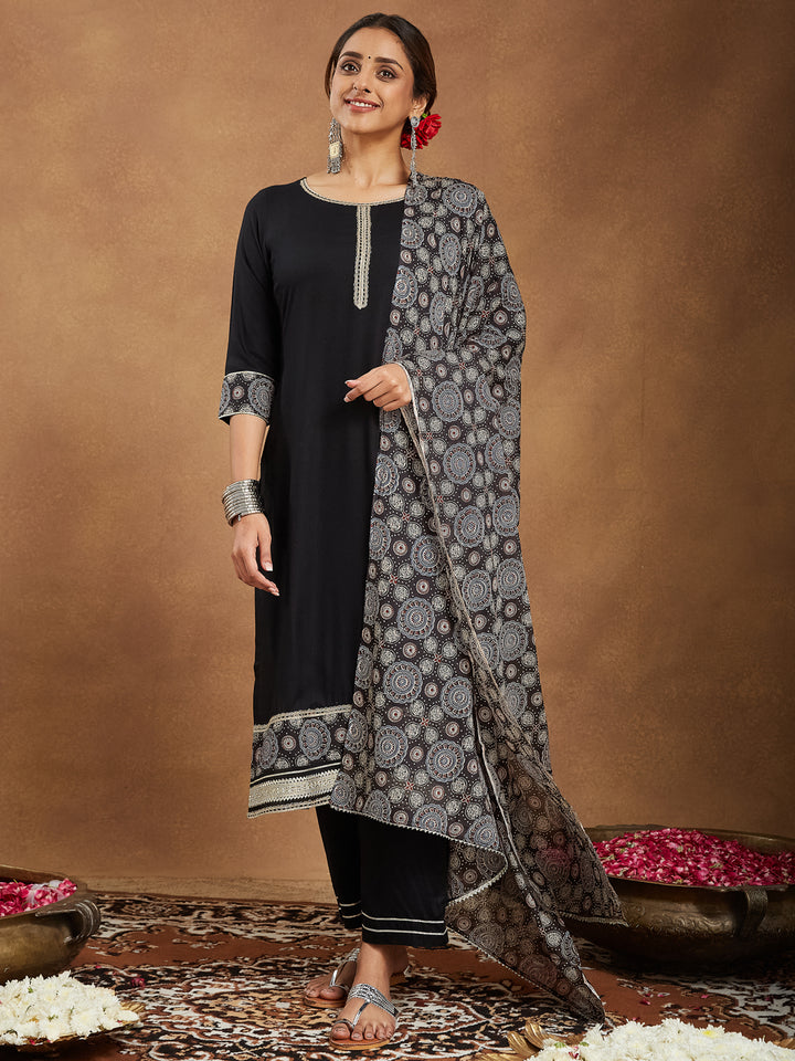 Black Rayon Straight Ajrakh 3-Piece Kurta Set