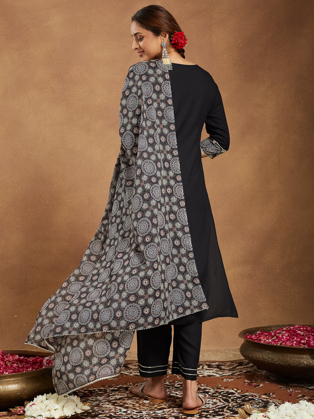 Black Rayon Straight Ajrakh 3-Piece Kurta Set