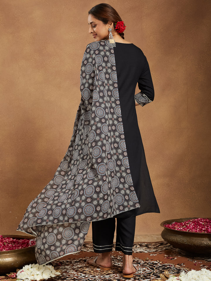 Black Rayon Straight Ajrakh 3-Piece Kurta Set