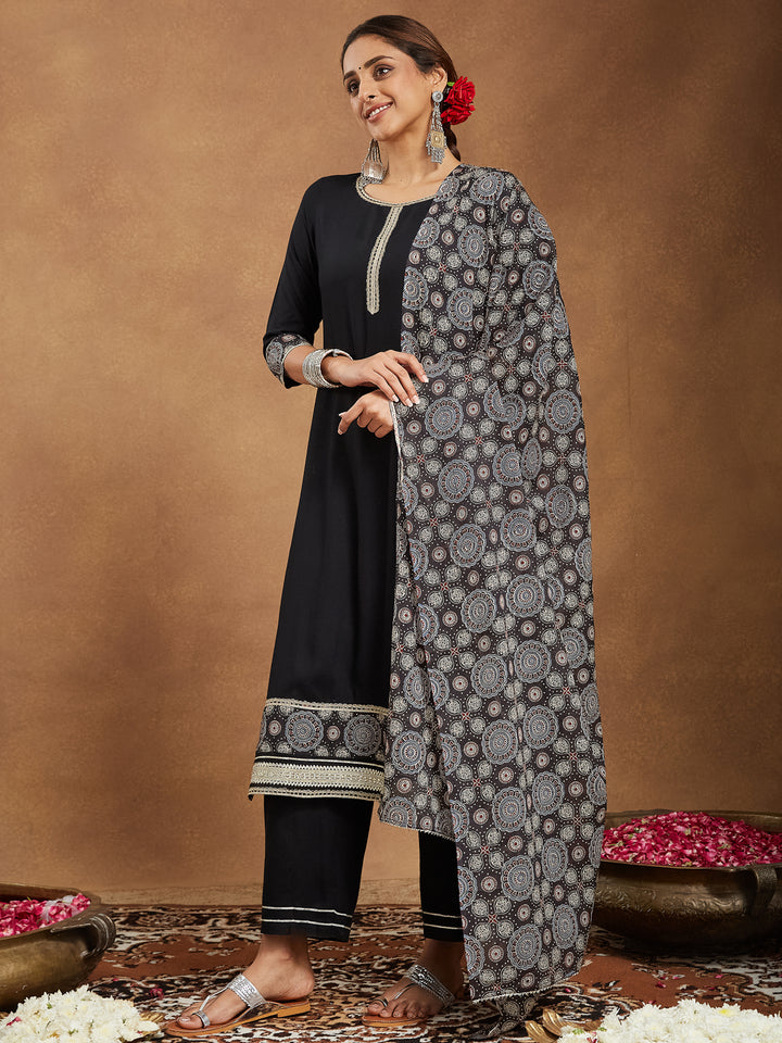 Black Rayon Straight Ajrakh 3-Piece Kurta Set
