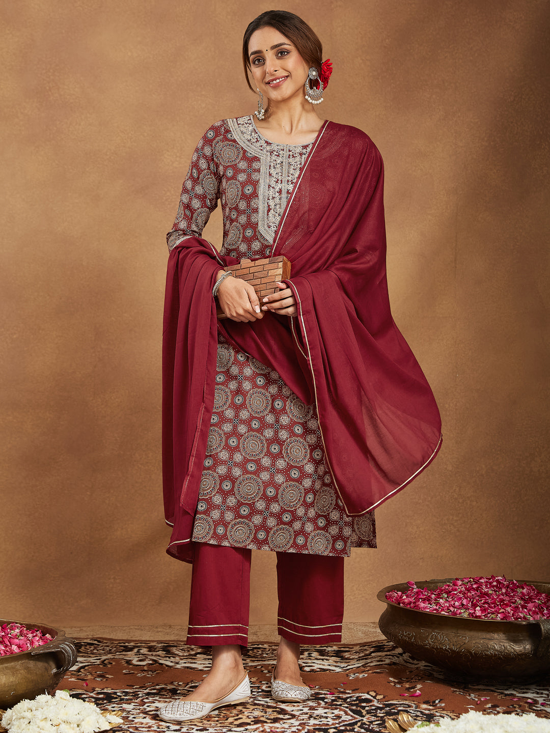 Maroon Cotton Straight Ethnic Motifs 3-Piece Kurta Set