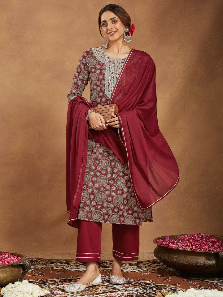 Maroon Cotton Straight Ethnic Motifs 3-Piece Kurta Set