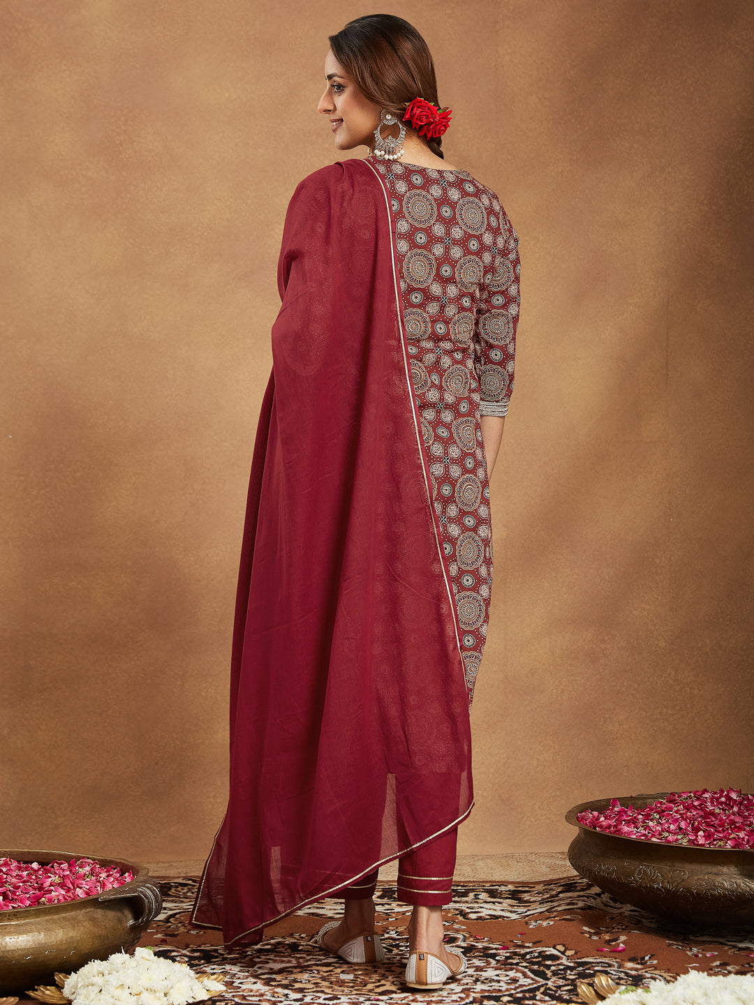 Maroon Cotton Straight Ethnic Motifs 3-Piece Kurta Set
