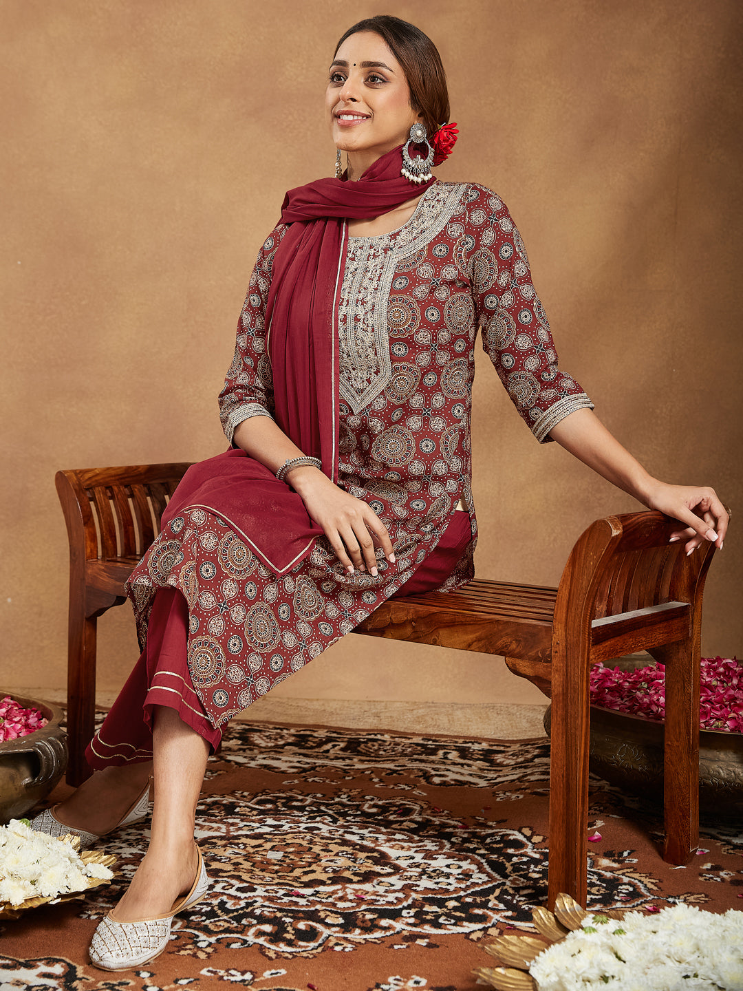Maroon Cotton Straight Ethnic Motifs 3-Piece Kurta Set