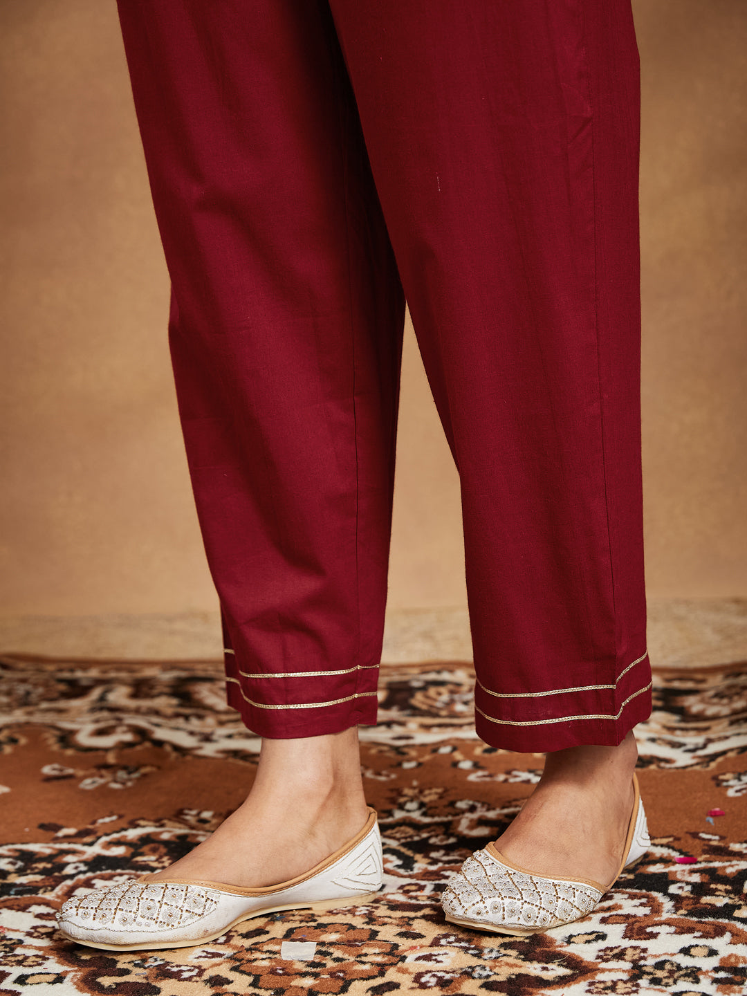 Maroon Cotton Straight Ethnic Motifs 3-Piece Kurta Set