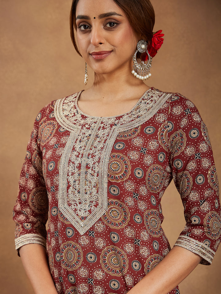 Maroon Cotton Straight Ethnic Motifs 3-Piece Kurta Set