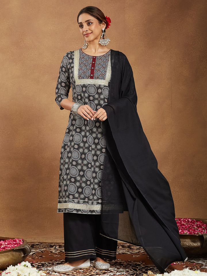 Black Cotton Straight Ajrakh 3-Piece Kurta Set