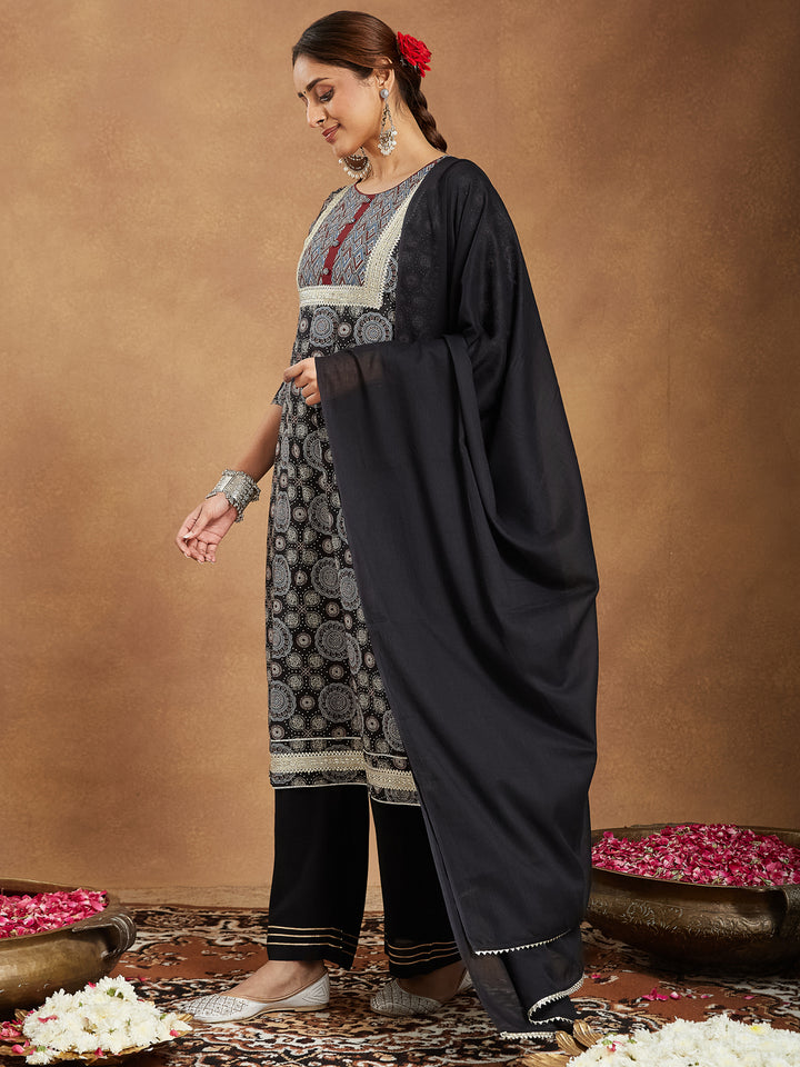 Black Cotton Straight Ajrakh 3-Piece Kurta Set