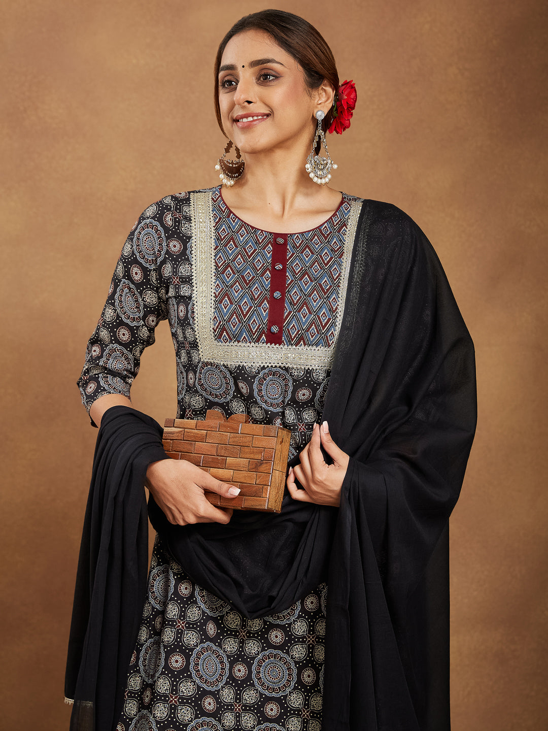 Black Cotton Straight Ajrakh 3-Piece Kurta Set