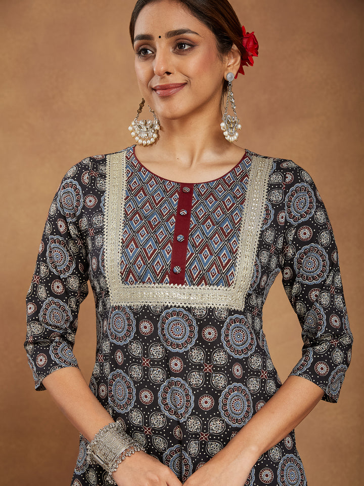 Black Cotton Straight Ajrakh 3-Piece Kurta Set