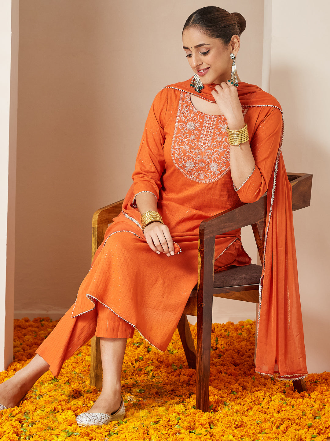 Rust Cambric A-Line Embroidered 3-Piece Kurta Set