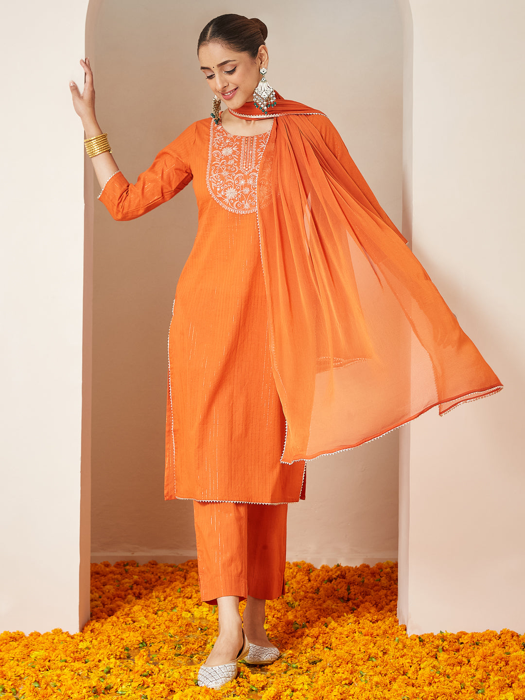 Rust Cambric A-Line Embroidered 3-Piece Kurta Set