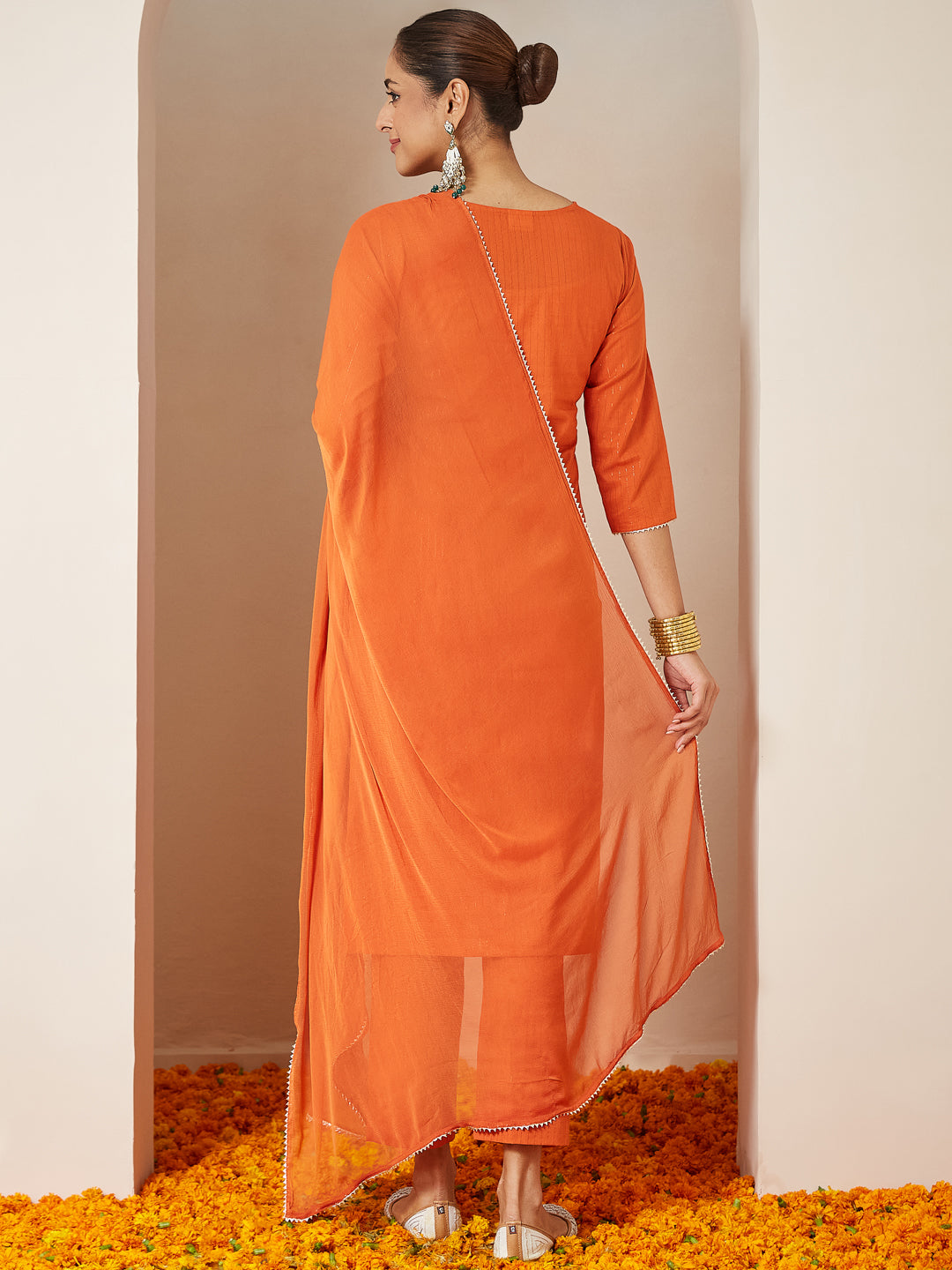 Rust Cambric A-Line Embroidered 3-Piece Kurta Set