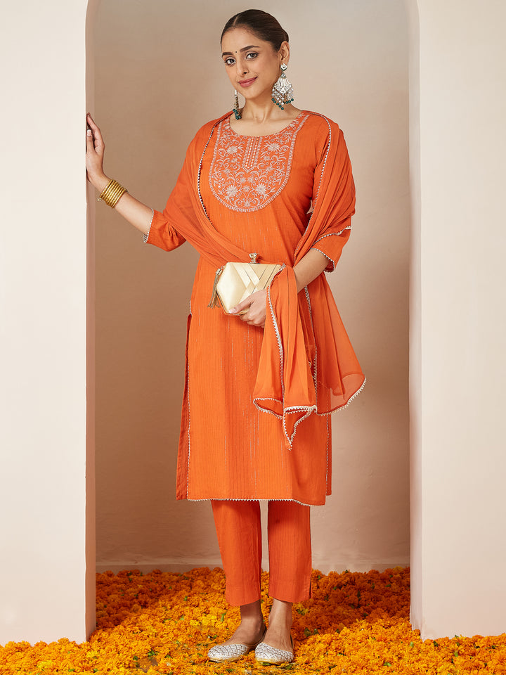 Rust Cambric A-Line Embroidered 3-Piece Kurta Set