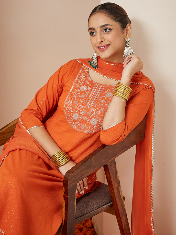 Rust Cambric A-Line Embroidered 3-Piece Kurta Set