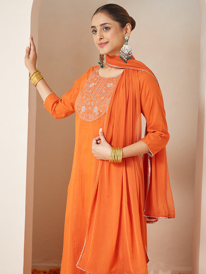 Rust Cambric A-Line Embroidered 3-Piece Kurta Set