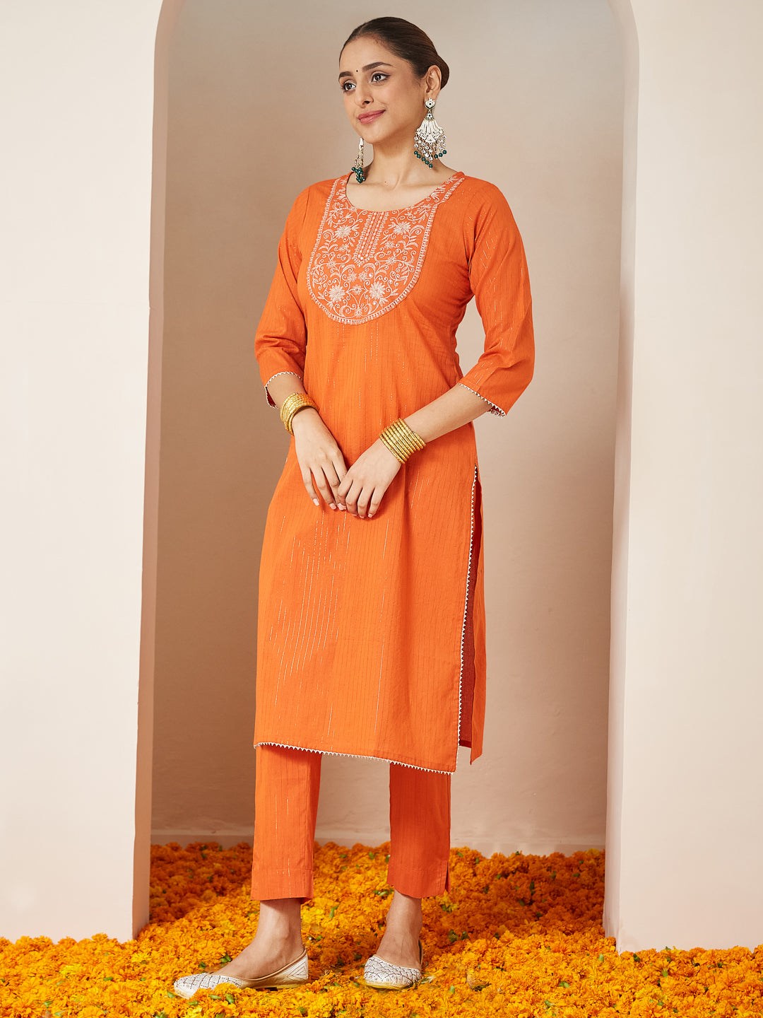 Rust Cambric A-Line Embroidered 3-Piece Kurta Set