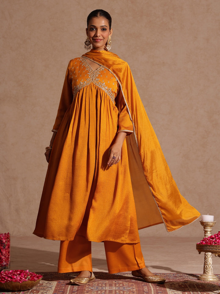 Mustard Silk Blend Yoke Embroidery 3-Piece Kurta Set