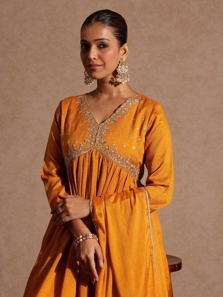 Mustard Silk Blend Yoke Embroidery 3-Piece Kurta Set