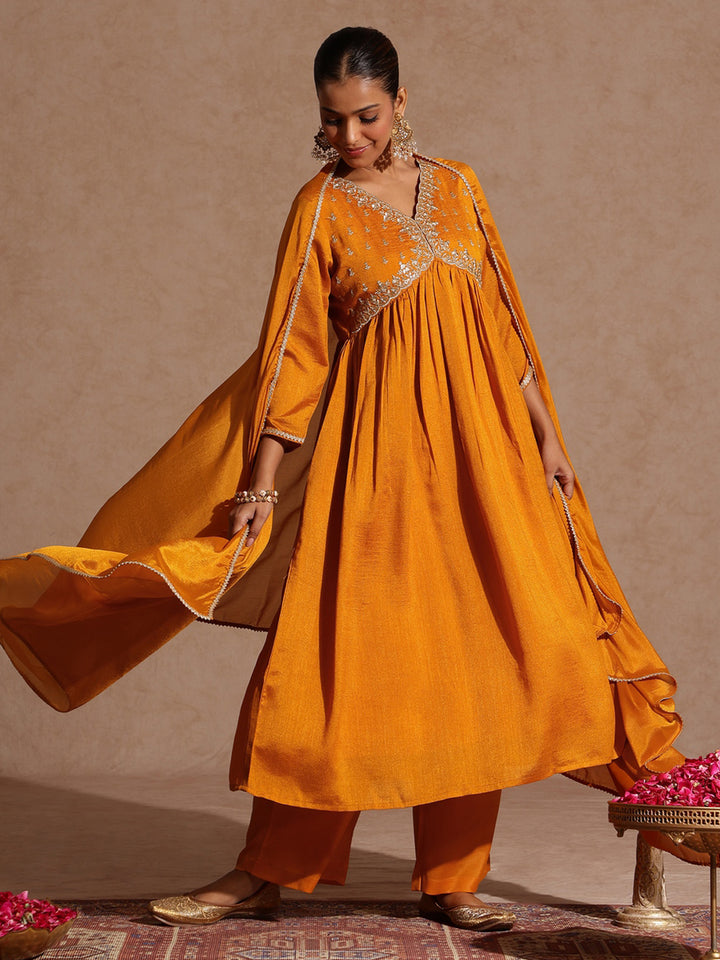 Mustard Silk Blend Yoke Embroidery 3-Piece Kurta Set