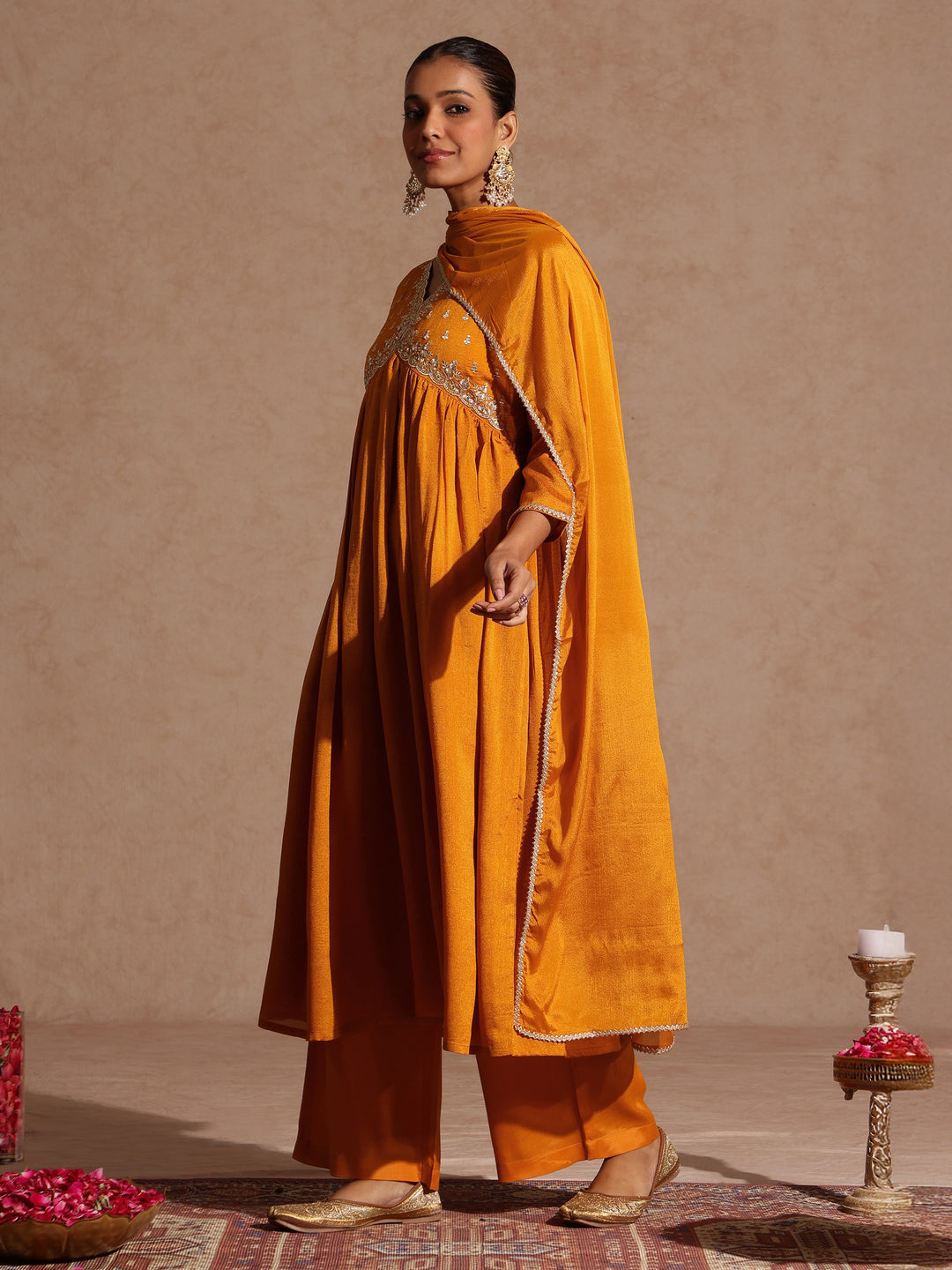 Mustard Silk Blend Yoke Embroidery 3-Piece Kurta Set