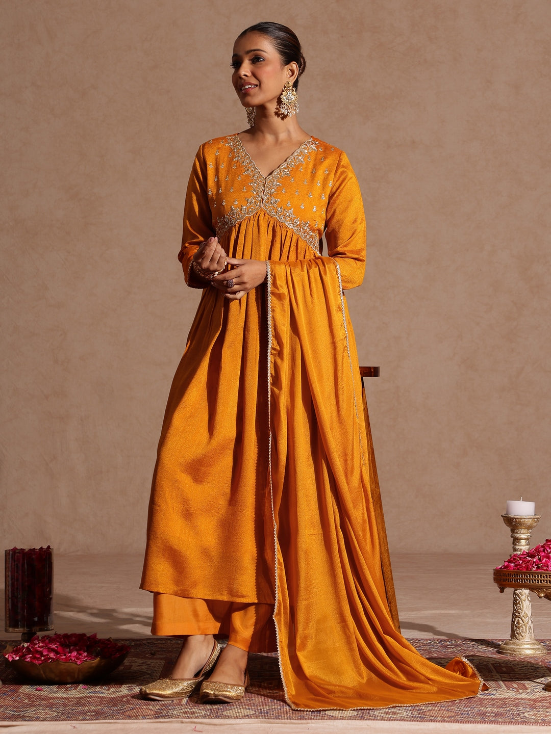 Mustard Silk Blend Yoke Embroidery 3-Piece Kurta Set