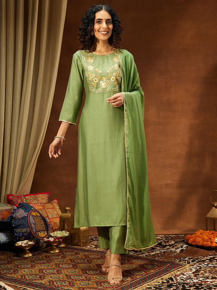 Green Silk Blend Yoke Embroidery 3-Piece Kurta Set