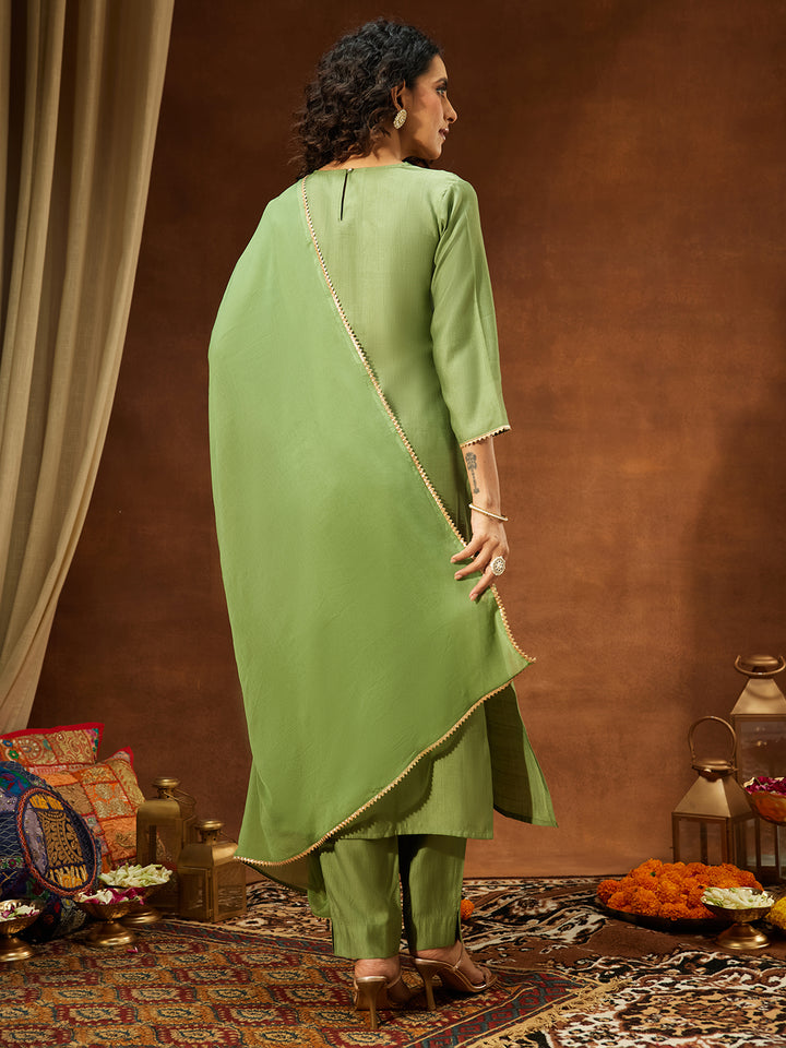 Green Silk Blend Yoke Embroidery 3-Piece Kurta Set