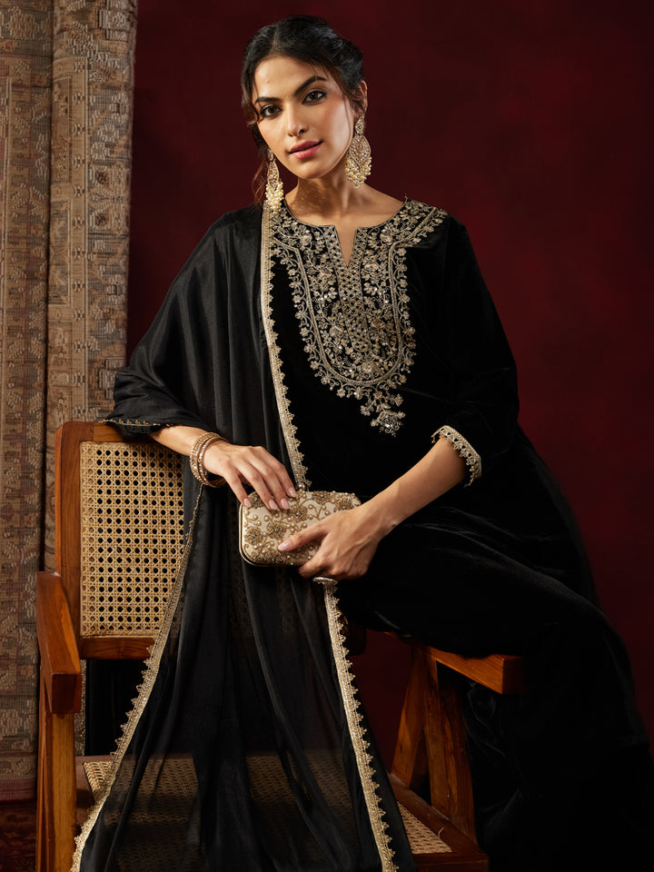 Black Velvet Yoke Embroidery 3-Piece Kurta Set