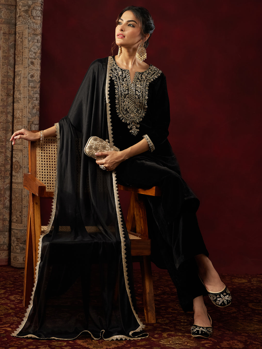 Black Velvet Yoke Embroidery 3-Piece Kurta Set