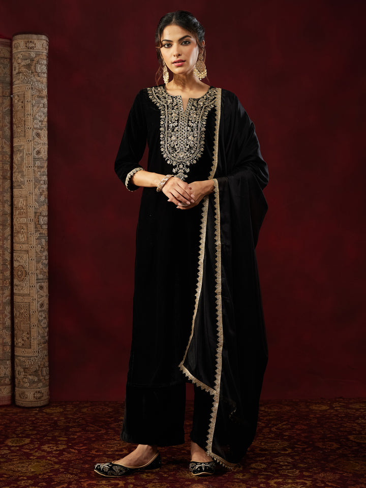 Black Velvet Yoke Embroidery 3-Piece Kurta Set