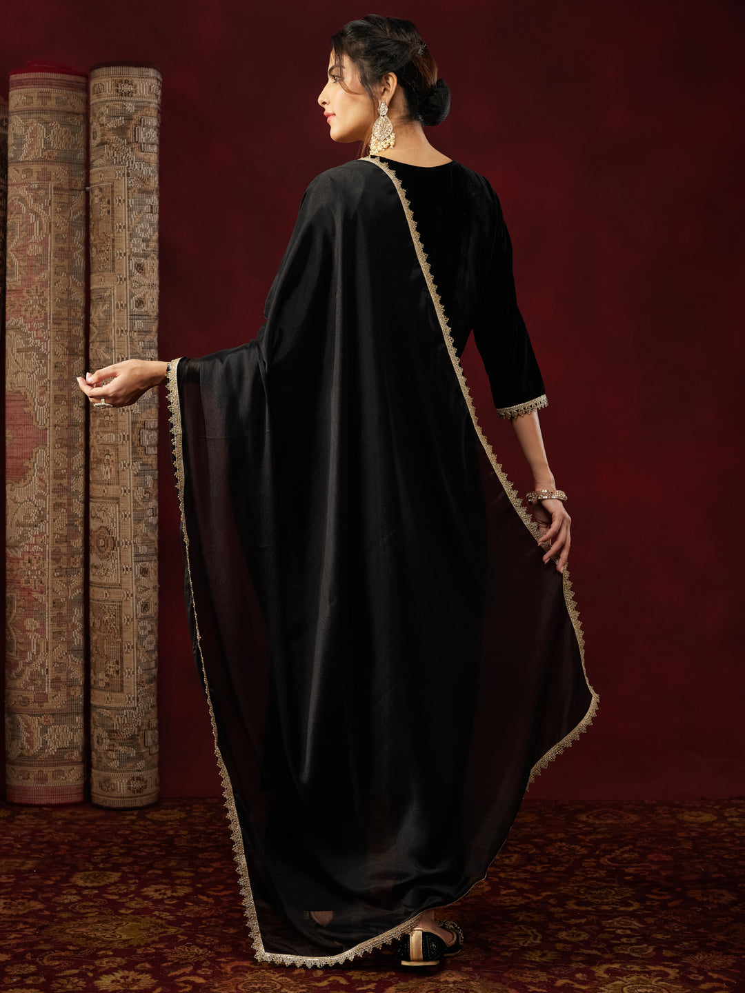 Black Velvet Yoke Embroidery 3-Piece Kurta Set