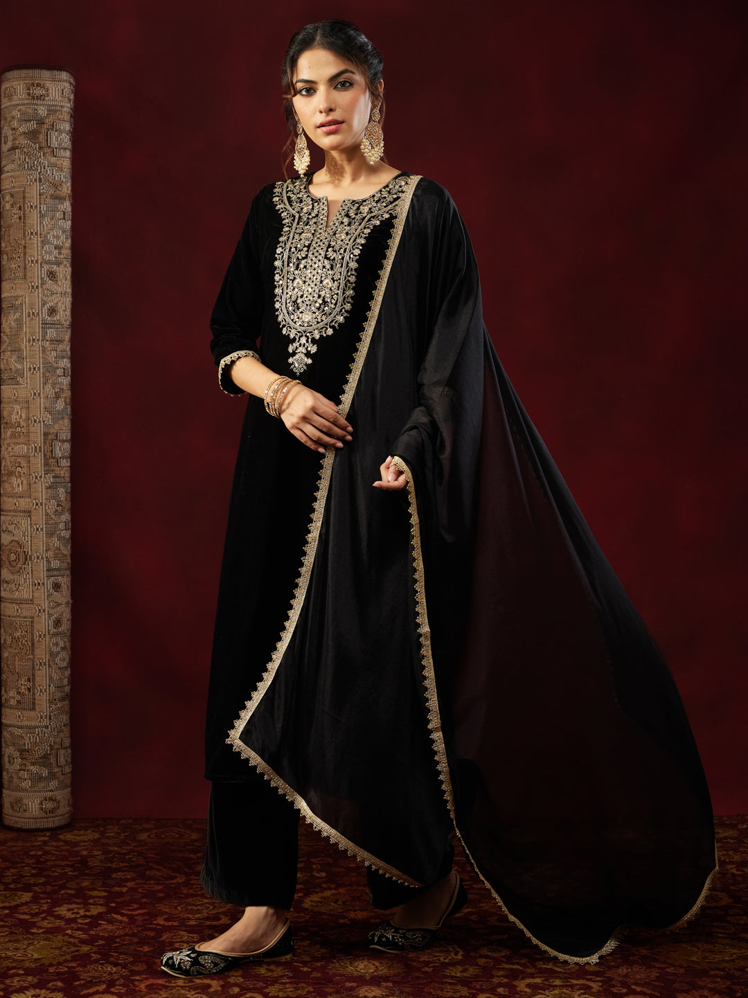 Black Velvet Yoke Embroidery 3-Piece Kurta Set