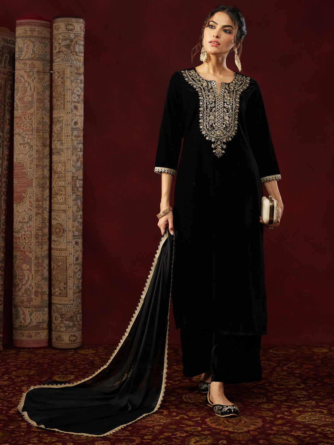 Black Velvet Yoke Embroidery 3-Piece Kurta Set