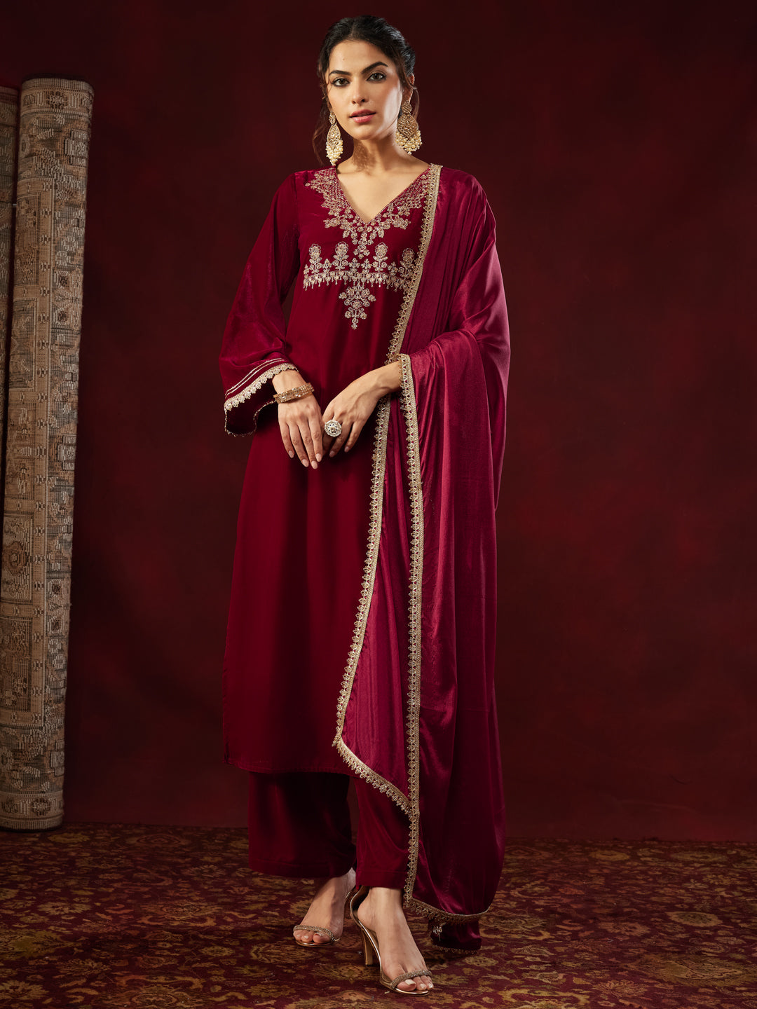 Red Velvet Embroidered 3-Piece Kurta Set