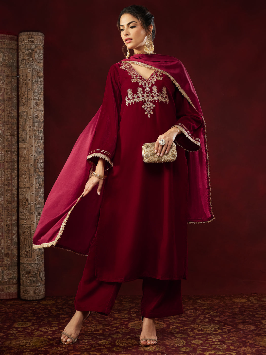 Red Velvet Embroidered 3-Piece Kurta Set