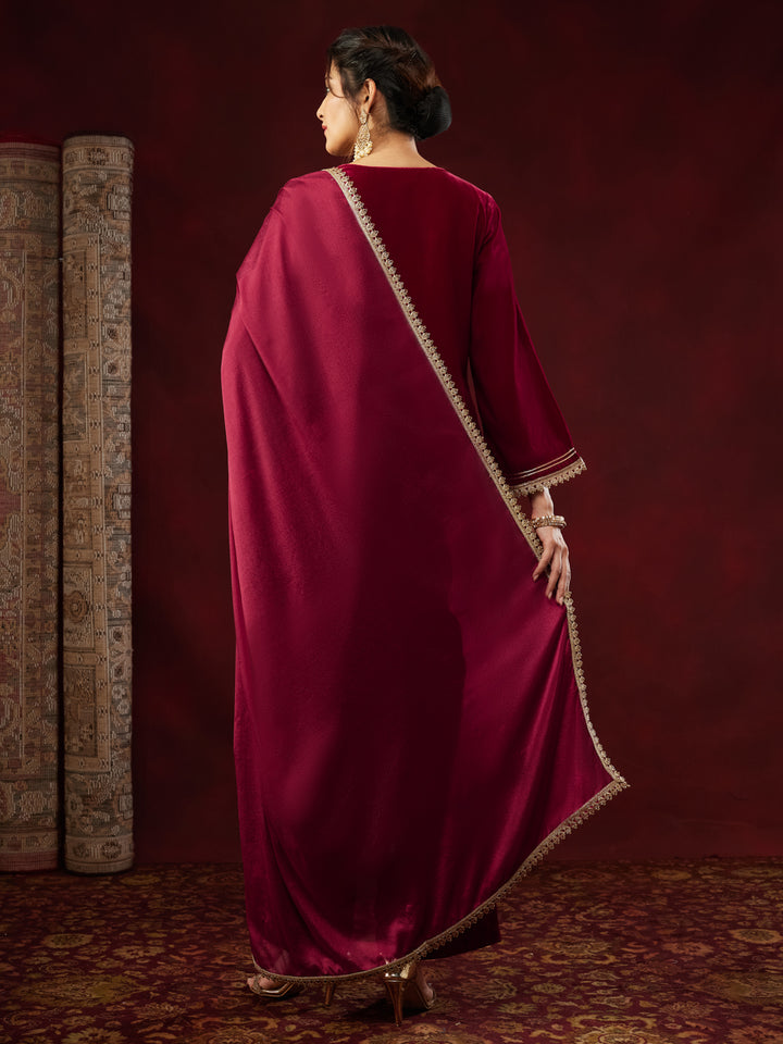Red Velvet Embroidered 3-Piece Kurta Set