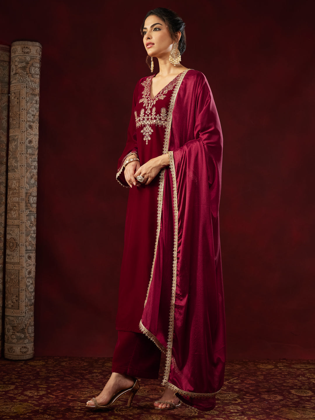 Red Velvet Embroidered 3-Piece Kurta Set