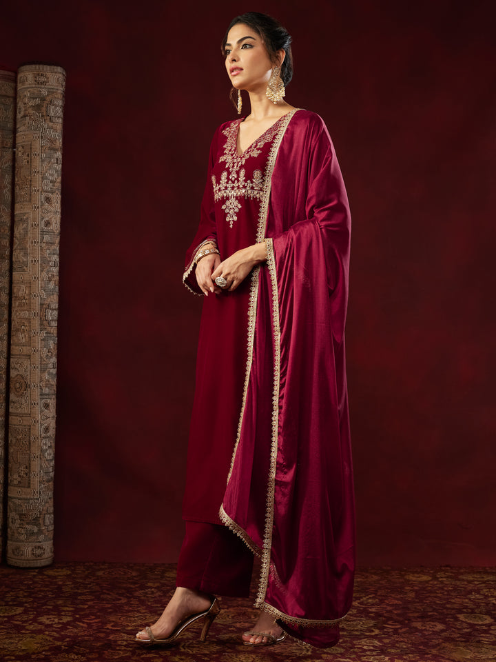Red Velvet Embroidered 3-Piece Kurta Set
