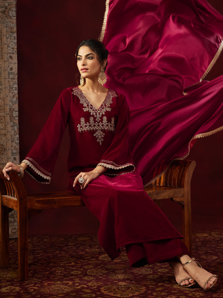 Red Velvet Embroidered 3-Piece Kurta Set